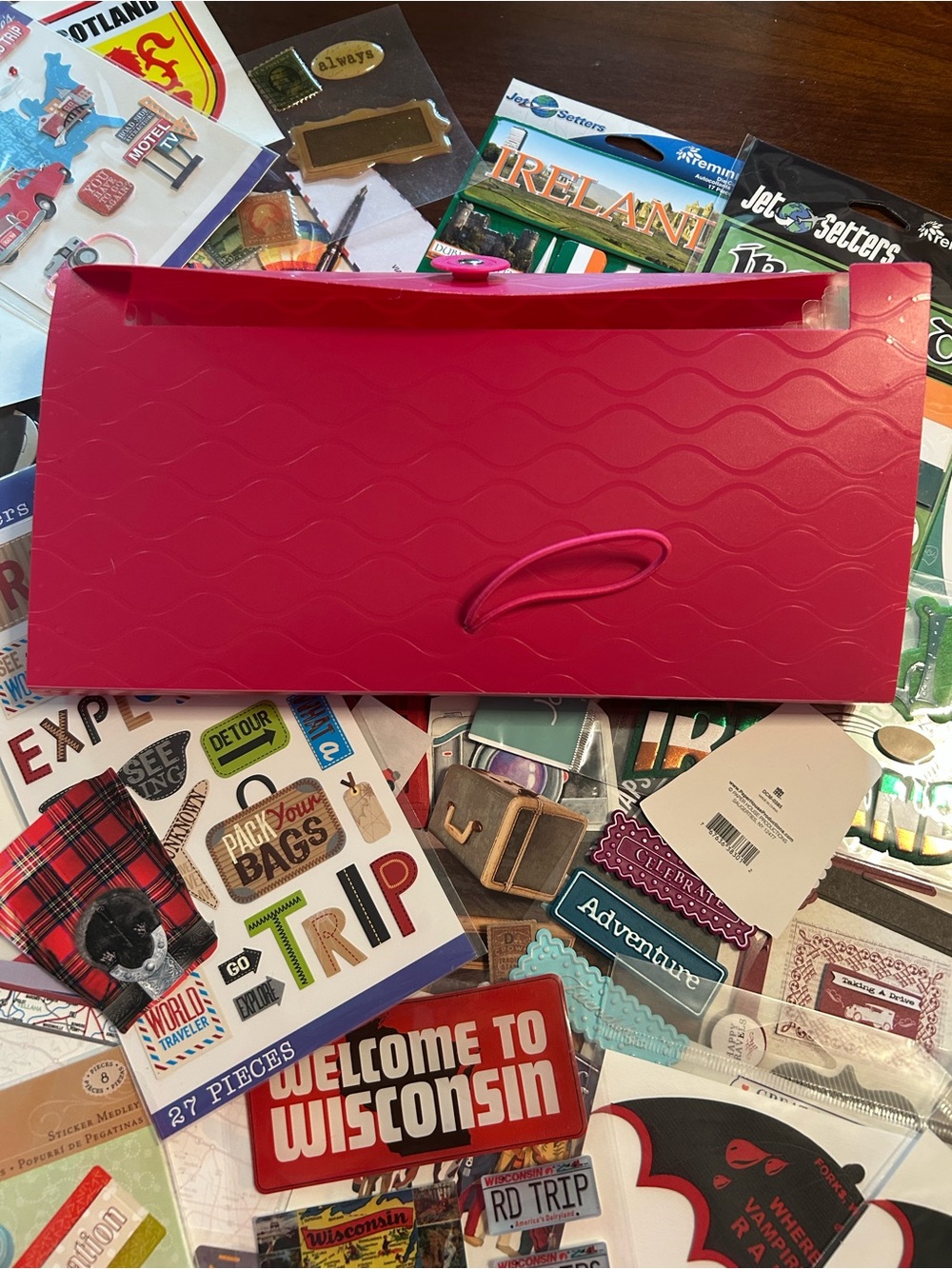 Pink Organizer Folio Case and Travel Related Stickers and Scrapbooking Items